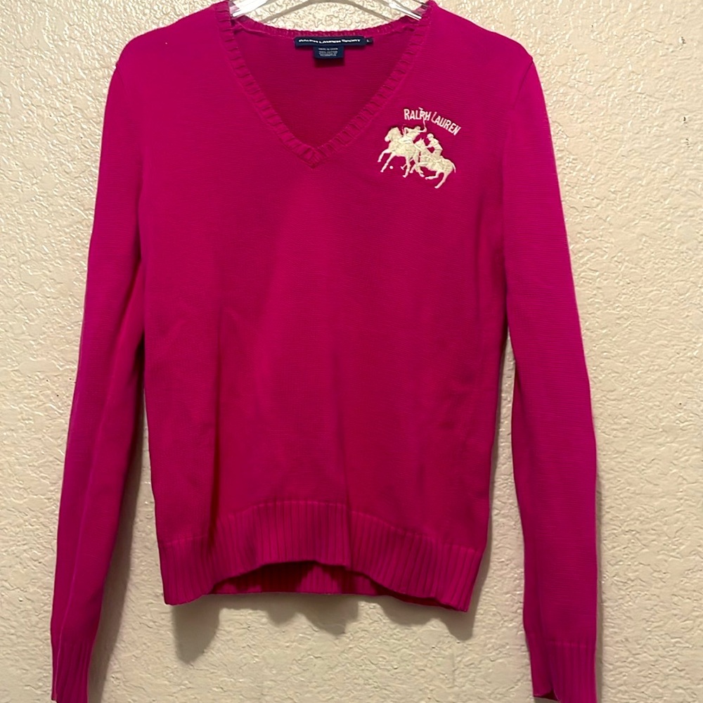 Ralph Lauren Women's V-Neck Sweater in Fuchsia with Cream Logo